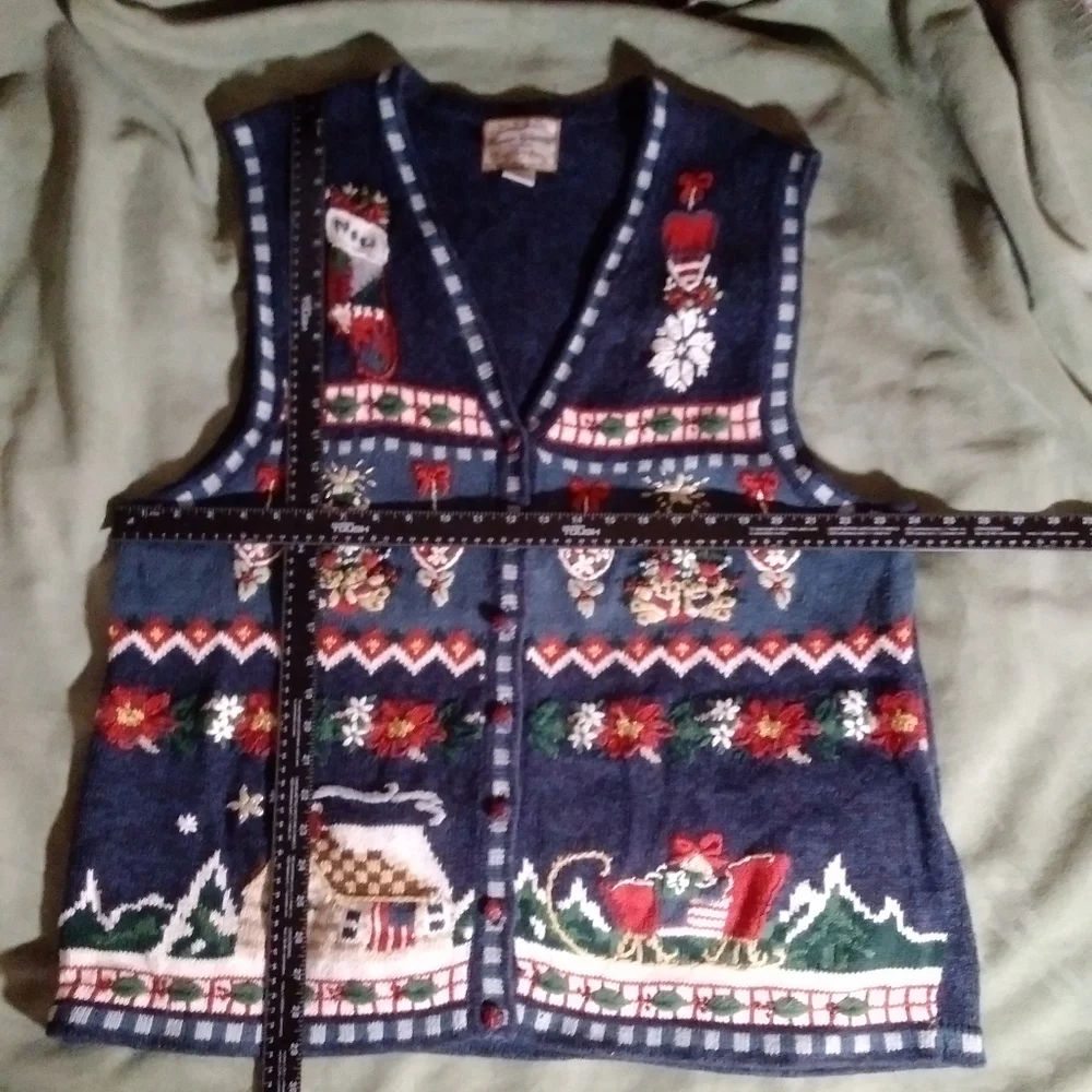 CHristmas vest Navy 3X Pre-owned Stocking Sleigh Poinsetta Embroidered … - Picture 9 of 14